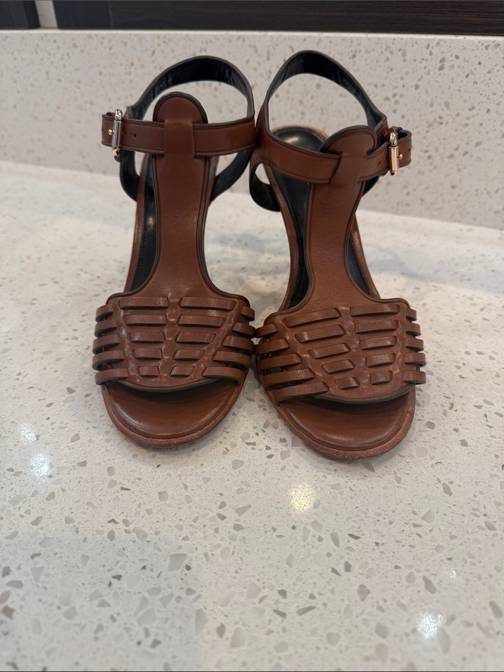 Coach Vintage Izzy Brown Leather Woven T-Strap Heeled Sandals